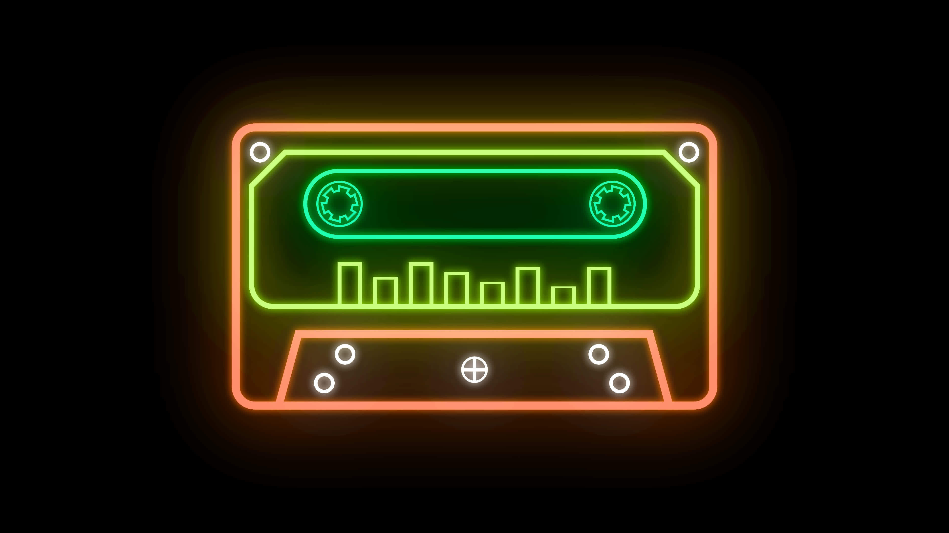 A retro neon tape loop animation displays a color gradient on a black