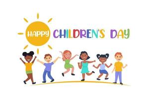 Happy children's day, cheerful happy children, the sun shines on children, congratulatory inscription, vector