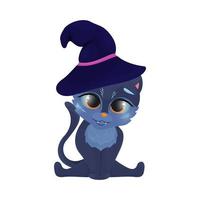 Funny black cat, illustration. Vampire cat and magic hat, halloween clipart, vector