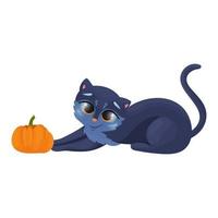 Funny black cat, illustration. Cat playing with little pumpkin, halloween clipart, vector
