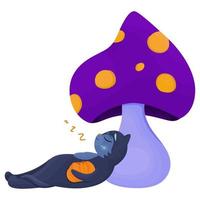 Black cat sleeping with pumpkin under mushroom, magic mushroom, Halloween clipart vector