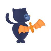 Funny black cat, illustration. Cat and bat, halloween clipart, vector