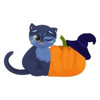 Funny black cat, illustration. Cat with big pumpkin and magic hat, halloween clipart, vector