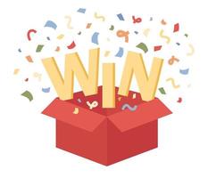 Win icon. Open red box with confetti explosion inside and WIN word. Winner concept. Vector flat illustration