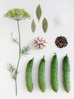 Ingredients for pickling cucumbers. Concept culinary recipe preservation of vegetables in harvest season. Assorted cucumbers, garlic, dill, salt, pepper and bay leaf. Flat lay, knolling concept. photo