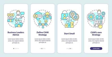 Beginning with CIAM onboarding mobile app screen. Customer management walkthrough 4 steps editable graphic instructions with linear concepts. UI, UX, GUI template vector