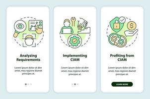 Implementing CIAM onboarding mobile app screen. Business improvement walkthrough 3 steps editable graphic instructions with linear concepts. UI, UX, GUI template vector