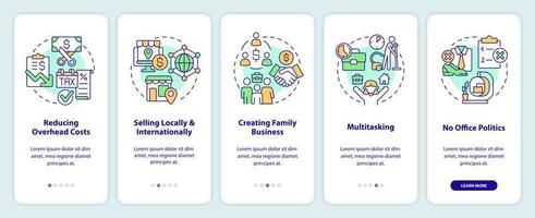 Home based business benefits onboarding mobile app screen. Walkthrough 5 steps editable graphic instructions with linear concepts. UI, UX, GUI template vector