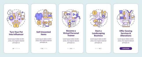 Home business ideas for ladies onboarding mobile app screen. Walkthrough 5 steps editable graphic instructions with linear concepts. UI, UX, GUI template vector