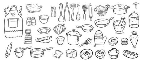 mano dibujado cocina y panadería herramientas elementos colocar. garabatear vector. vector