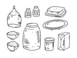 Hand drawing breakfast set. Doodle black and white colors. vector