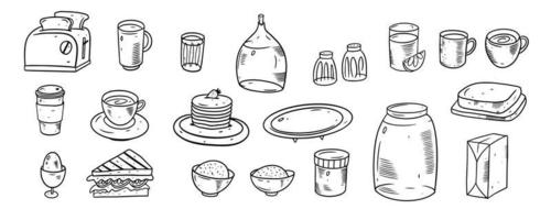 Hand drawn breakfast food doodle icons set. Black color outline sketch vector illustration.