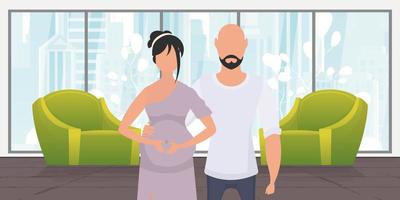 Man and pregnant woman. Poster on the theme Young family is waiting for the birth of a child. Happy pregnancy. Vector in cartoon style.