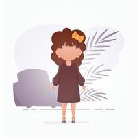 Little baby girl in cartoon style. Poster with a teenage girl who is depicted in full growth. Vector illustration.