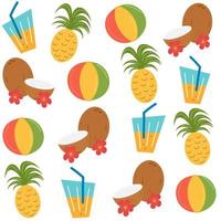 cute trendy summertime seamless vector pattern background illustration with tropical cocktail, pineapples, coconuts and hibiscus flowers