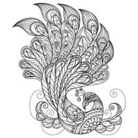 Peacock flying hand drawn for adult coloring book vector