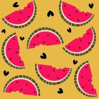 Cute hand drawn seamless vector pattern background illustration with watermelon slice and hearts