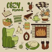 Cozy home. Set of 16 vector elements in doodles style