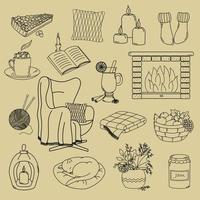 Cozy home. Set of 16 vector elements in doodles style