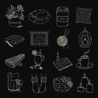 Cozy home. Set of 16 vector elements in doodles style