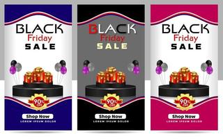 Black Friday Super Sale. Realistic 3d design stage podium. Open black gift box full of decorative, Golden text lettering, black Friday poster background, Xmas background, discount label design. vector