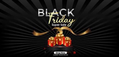 Black Friday Super Sale. Realistic 3d design stage podium. Open black gift box full of decorative, Golden text lettering, black Friday poster background, Xmas background, discount label design. vector