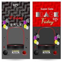 Black Friday Super Sale. Realistic 3d design stage podium. Open black gift box full of decorative, Golden text lettering, black Friday poster background, Xmas background, discount label design. vector