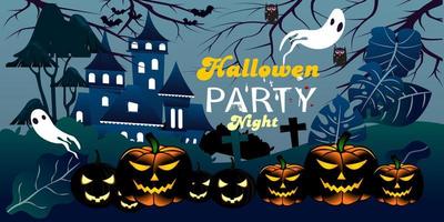 Halloween party banner with horror design. Halloween party poster, happy Halloween discount sale podium banner with lantern pumpkin. Halloween night vector illustration with bat spiders ghost.