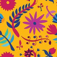 Vector seamless pattern in folklore style. Inspired by traditional Mexican Otomi embroidery. Floral and animal elements, vibrant colors