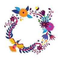 Vector illustration. Round frame made of traditional Mexican Otomi embroidery elements, plants and fantastic animals. Free space for text or an image in the middle