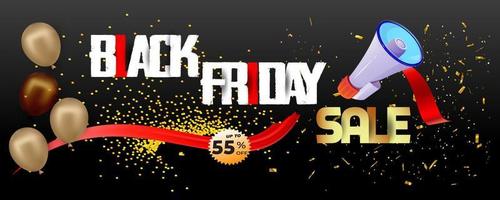 Black Friday Super Sale banner. Realistic 3d design stage podium. black Friday poster background, Open black gift box full of decorative, Golden text lettering, black discount label design. vector