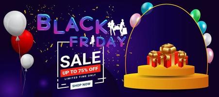 Black Friday Super Sale banner. Realistic 3d design stage podium. black Friday poster background, Open black gift box full of decorative, Golden text lettering, black discount label design. vector