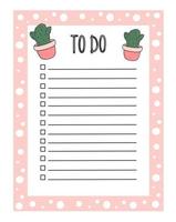 Cute hand drawn to do list vector design illustration with cartoon doodle cactus