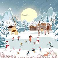 Winter landscape with snow falling on Christmas night in village,Vector banner  Winter Wonderland in the town with Happy people celebration in the park,Merry Christmas,New year 2024 card background vector