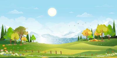 Nature Spring landscape village by the lake with Green Field,Cloud,Blue Sky,Natural rural scene Countryside with forest tree,Mountains in Sunny day Summer,Banner for Eater, Environment day background vector