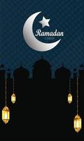 Ramadan Kareem beautiful greeting card - background with ornate crescent moon and arabic calligraphy which means ''Ramadan kareem'', - Vector