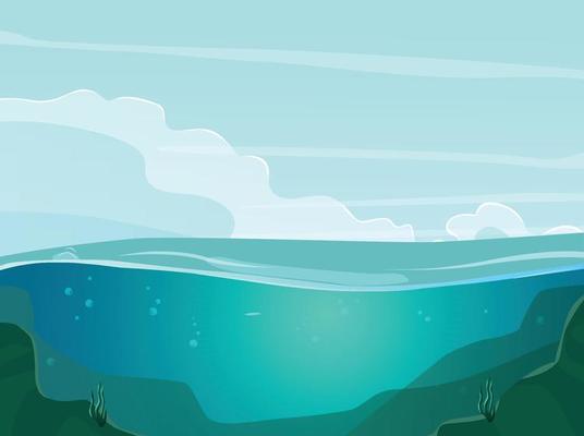 Drawing of the sea, sky and clouds , deep sea