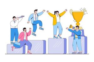 Business team success concept. Office workers celebrating with big trophy. Employe run to their goal on the column of columns, move up motivation. Minimal vector illustration for landing page