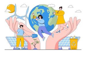 People trying to save planet from climate change and global warming. Person planting trees. Environmental and earth day vector cartoon illustration for landing page, web banner, hero images