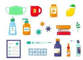 Flu or cold treatment set. Medication, recipe and cap of tea with honey for flu patient. Vector icons illustration.