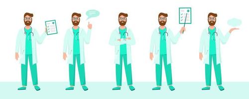 Doctor set in different poses wearing uniform with stethoscopes. Doctors characters on white background. Medical consultation, support or insurance concept. vector
