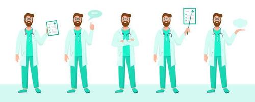Doctor set in different poses wearing uniform with stethoscopes. Doctors characters on white background. Medical consultation, support or insurance concept. vector