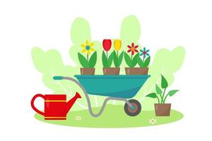 Garden cart with flowers and watering can in garden. Spring or summer banner, gardening concept or background vector illustration.