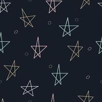 Seamless vector pattern with colorful stars and dots. Festive print on dark background. Hand drawn doodle pattern for stationery, fabrics, web, childish clothes, etc. Starry sky