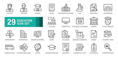 Education icon set. scholarship, student, grade, graduation cap, book, classroom, university, exam. Vector illustration