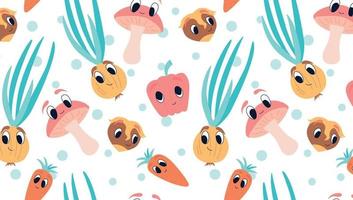 Cute childish vegetable pattern. Colored seamless vector pattern in hand-drawn cartoon style. For printing on textiles, stationery, postcards, wallpapers. Onion, hazelnut, carrot, pepper, mushroom