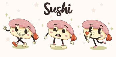 Sushi set illustration in retro cartoon style with sushi lettering. Sushi mascot emotional characters vector