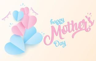 Mother's Day greeting card. mum banner vector with 3d flying hearts pink papercut and festival flag. symbol of love and handwritten letters on warm yellow background.