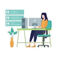 Woman working on computer at home office. Flat style vector illustration.