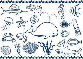 Vector Marine Life Icon Set Isolated On A White Background.